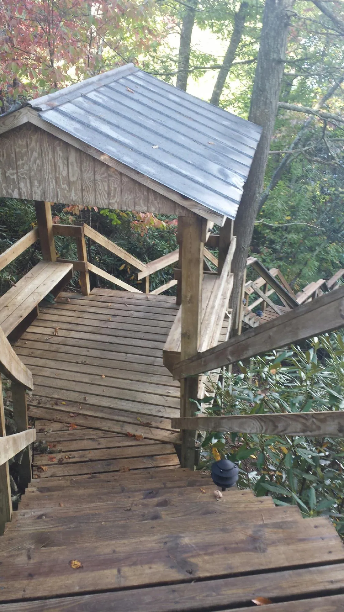 Metal roofed shelter over wooden steps on a wooded walkway — Skylight Repair & Installation work by our crew in Wallingford